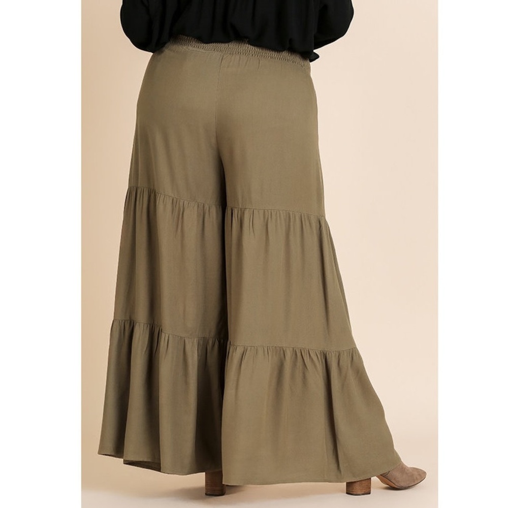 Plus Olive Boho Ruffle Wide Leg Palazzo Pants - Picture 3 of 5
